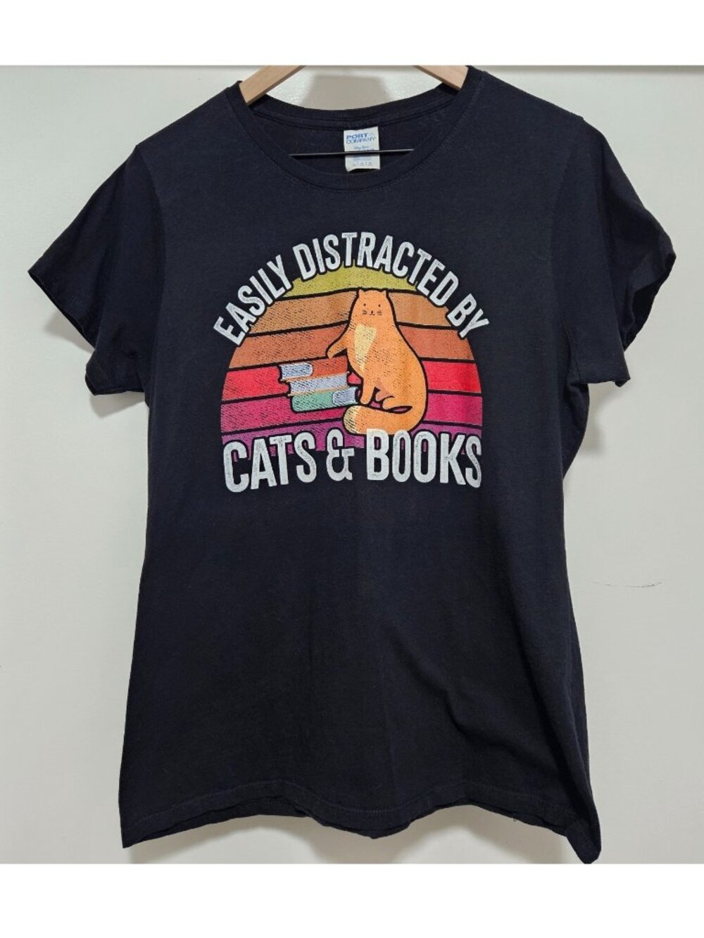 Easily Distracted by Cats & and Books womens large fitted cotton tshirt black